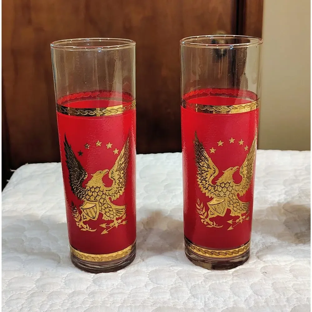Vintage Set 6 Federal Glass Patriotic Tom Collins Glasses Red White Blue Gold